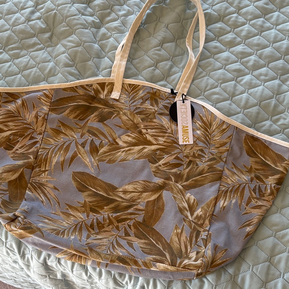 Amuse Society Leaf Print canvas Tote in Tan and Brown cream canvas inside